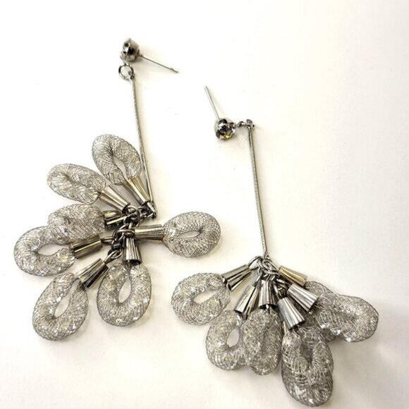 Silver Mesh Net Crystal Dangle Earrings - Picture 5 of 9